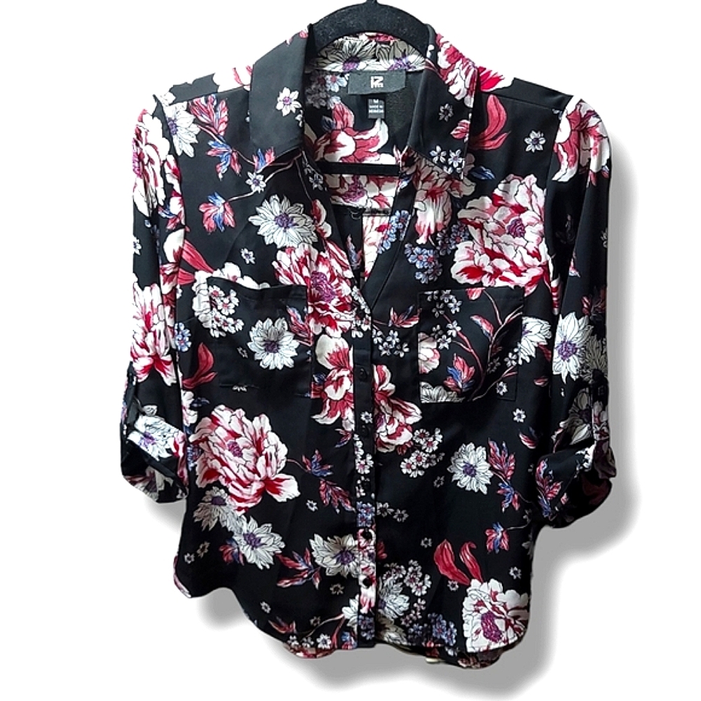IZ Byer EUC Black Floral Print Roll Tab Sleeve Button Up Blouse - Women's MEDIUM